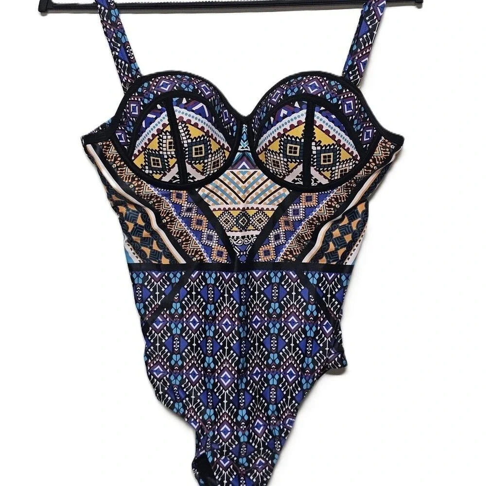 Swimsuits For All Womens Blue Geometric Tribal Underwire‎ One Piece Swimsuit 8